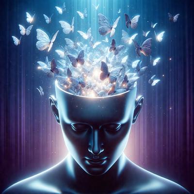 The primary subject of the image is a close-up of a human head, with a focus on the forehead. The setting is a blue background, which adds a sense of depth and contrast to the image. The visual style is a combination of digital art and illustration, creating a unique and artistic representation of the human head. The colors and mood of the image are predominantly blue, which gives it a calm and serene atmosphere.